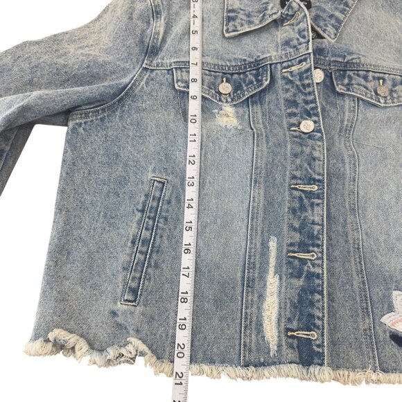 Bebe Distressed Denim Jacket W/ Embroidered Mandala Design & Raw Hem - Womens XL - Picture 6 of 15